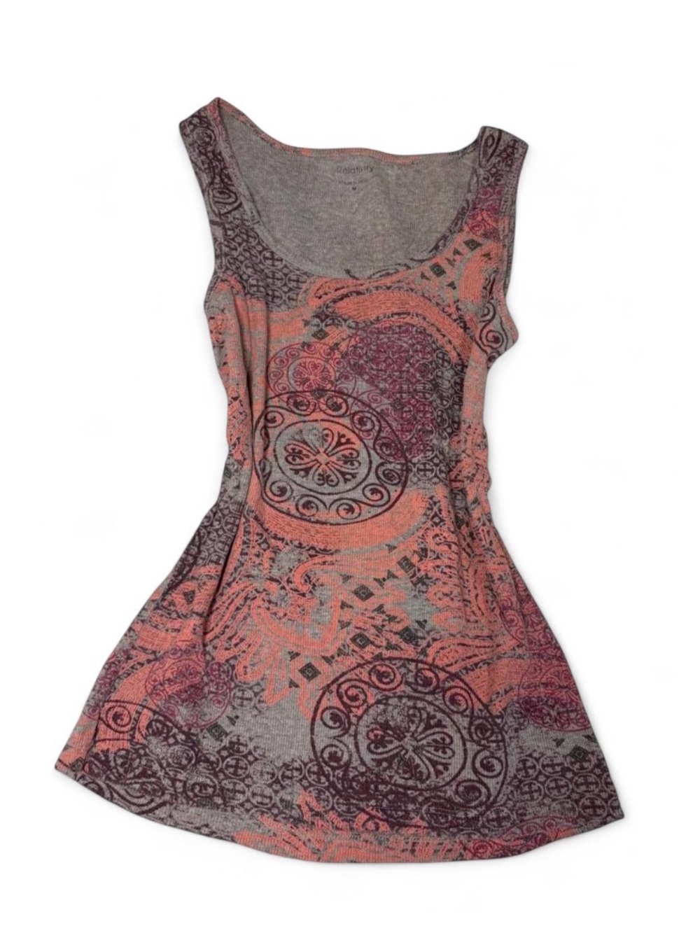 Relativity Gray Tank Top with Coral & Purple Medallion Print